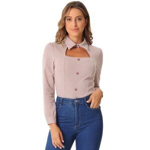 Plaid Choker Top Houndstooth Print Long Sleeve Cutout Blouse Pink